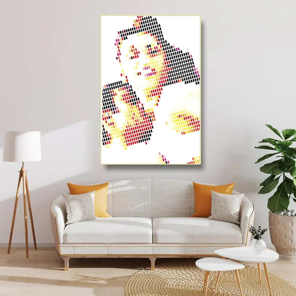 Colorful abstract painting of a woman on a wall above a sofa in a living room.