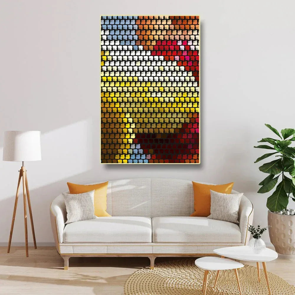 Colorful abstract wall art above a white sofa in a living room.