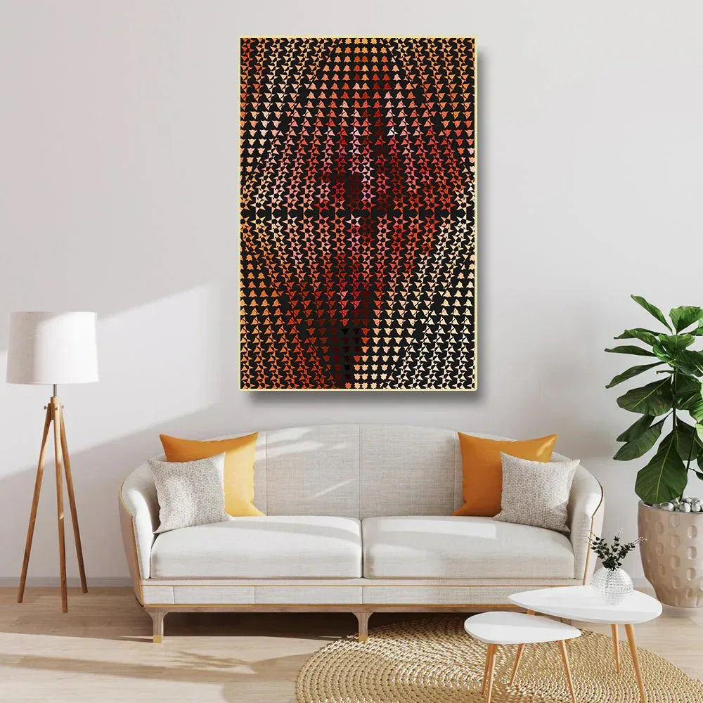 Living room with a white sofa, colorful cushions, and a geometric abstract painting on the wall.