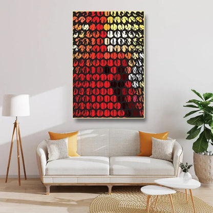 Living room with a colorful abstract painting on the wall, white sofa, and decorative elements.