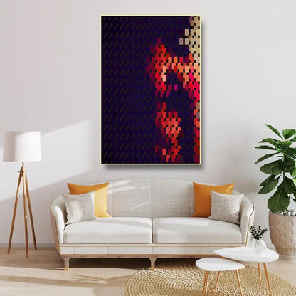 Modern living room with a white sofa, colorful cushions, and a abstract art piece on the wall.