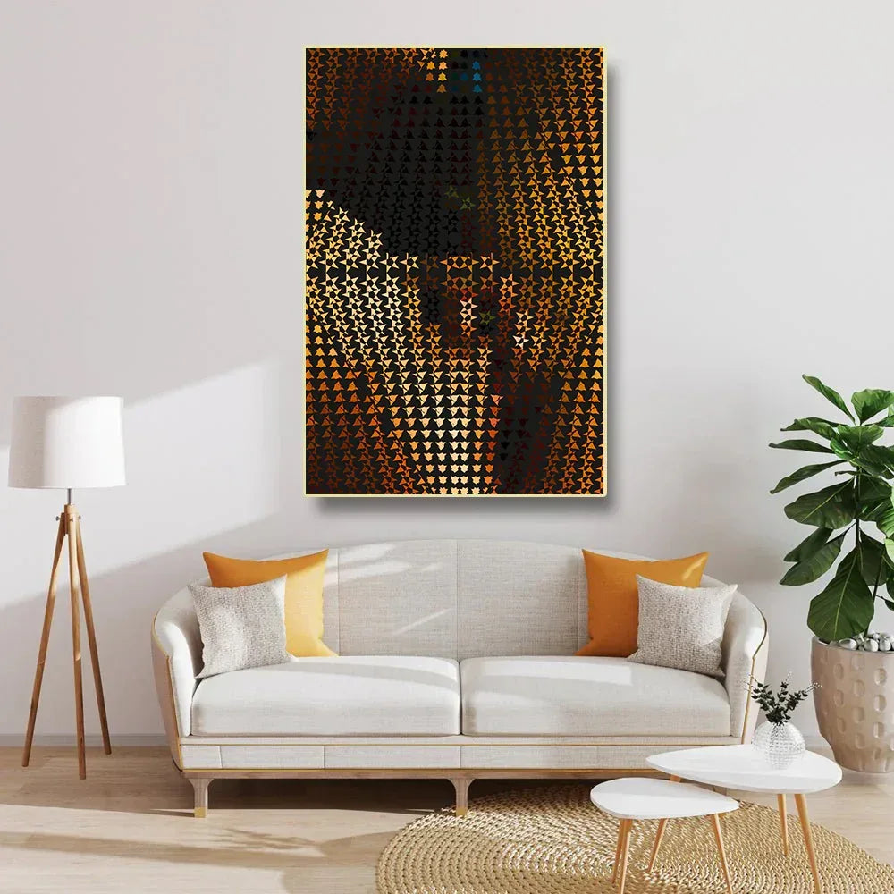 Living room with a white sofa, abstract art on the wall, and decorative elements.