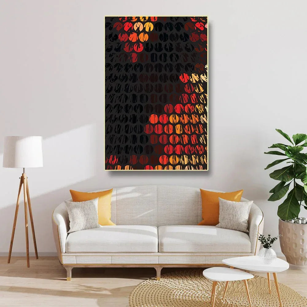 Living room with a white sofa, colorful abstract painting, and a plant.