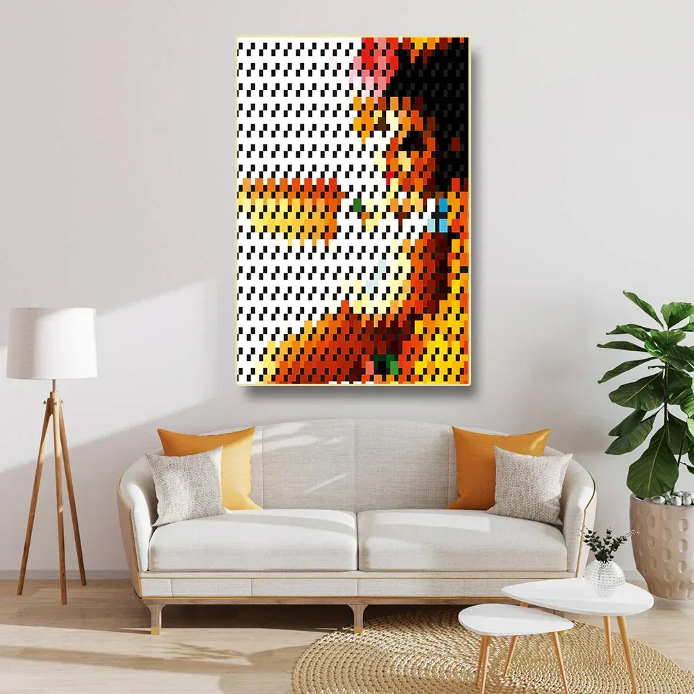 Abstract art piece on a wall above a sofa in a living room