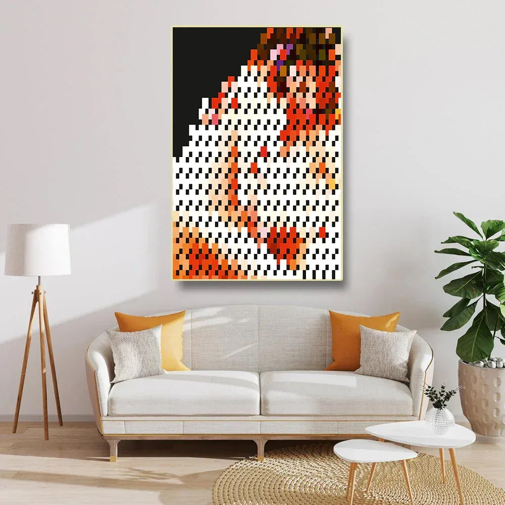 Modern living room with a colorful abstract painting on the wall, a white sofa with orange and yellow cushions, and a plant.