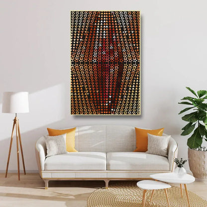 Living room with a white sofa, colorful cushions, and a geometric abstract painting on the wall.