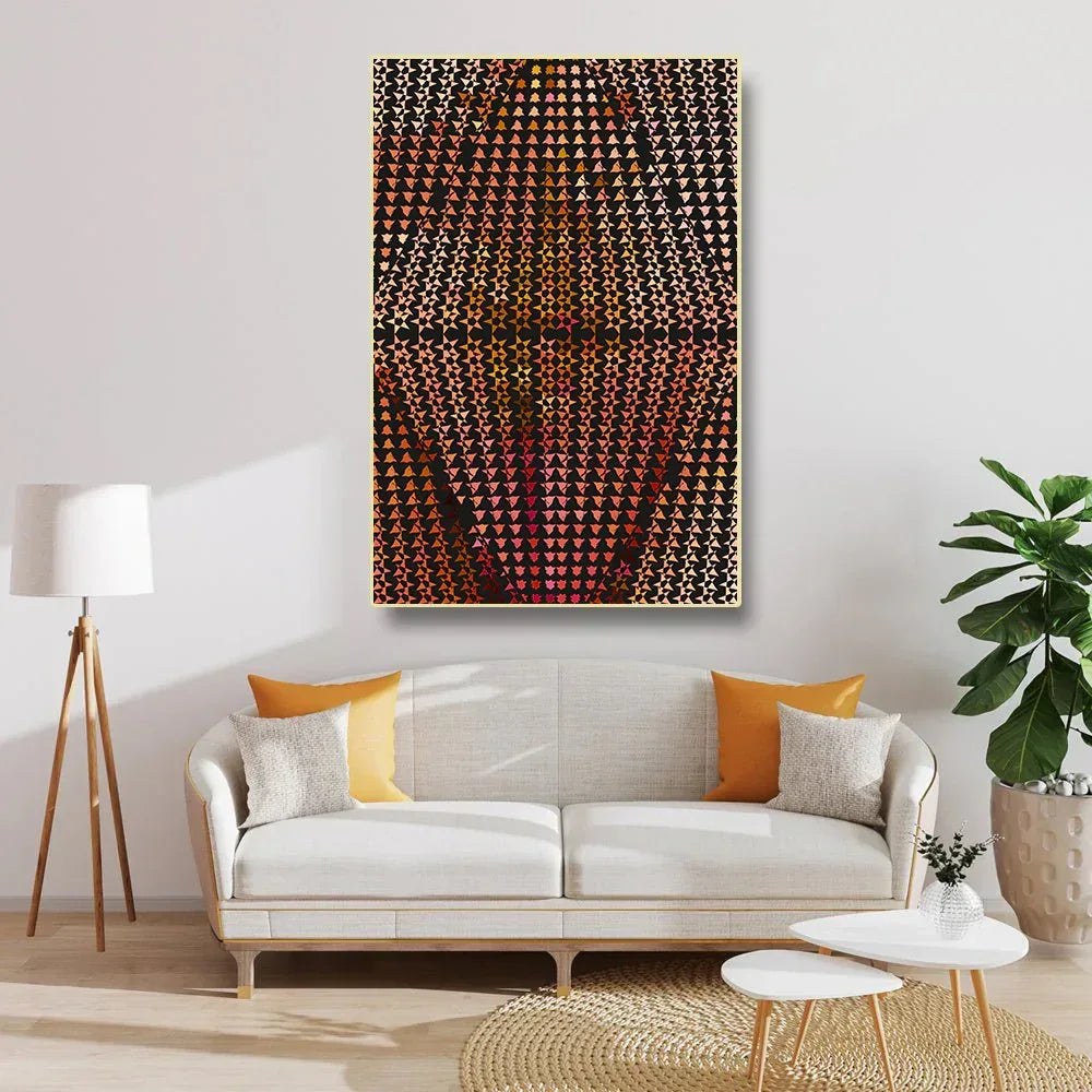 Living room with a white sofa, colorful cushions, and a geometric abstract painting on the wall.