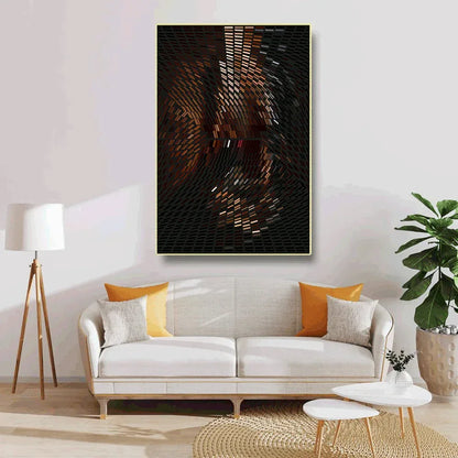 Living room with a white sofa, abstract art on the wall, and a plant.