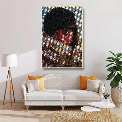 Living room with a large portrait of a person on the wall above a sofa.