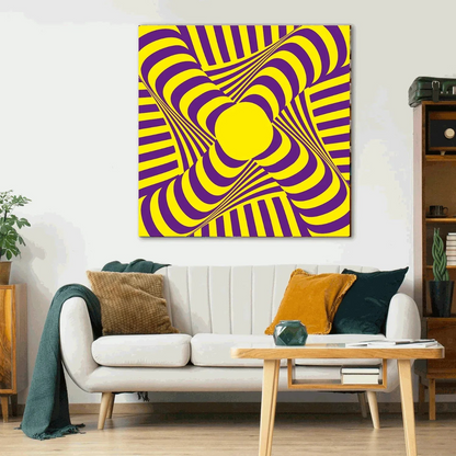 Living room with a white sofa, coffee table, and a vibrant yellow and purple abstract painting on the wall.