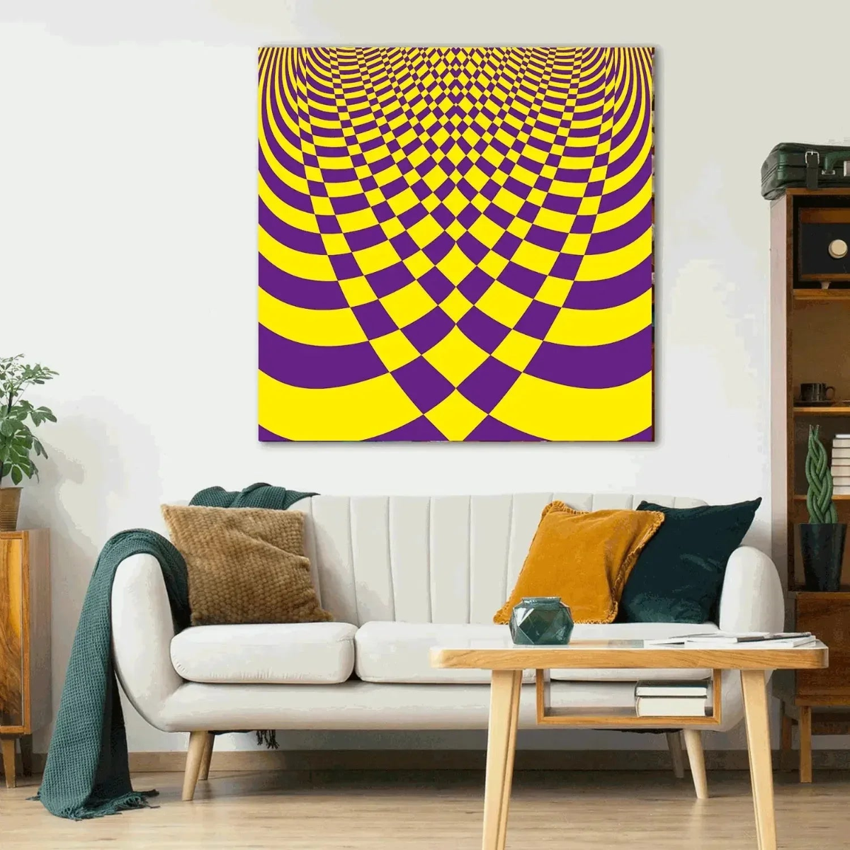 Living room with a white sofa, coffee table, and a large abstract painting on the wall.