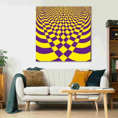 Living room with a white sofa, coffee table, and a large abstract painting on the wall.