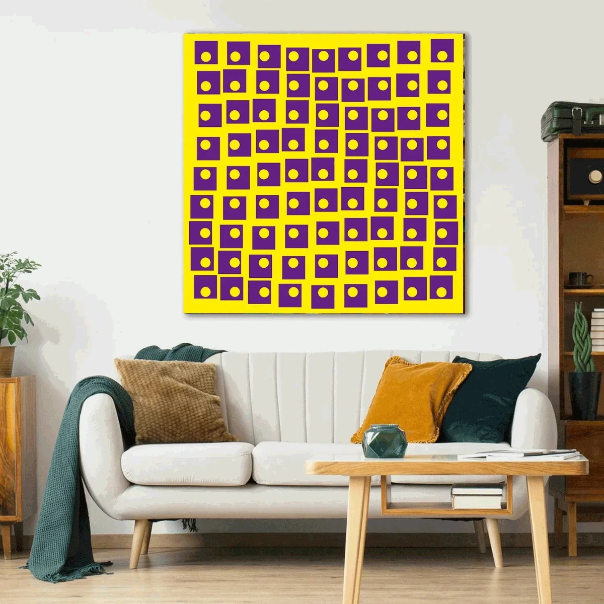 Living room with a yellow and purple abstract wall art piece.