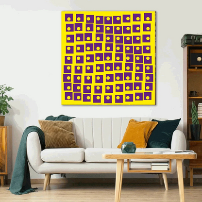 Living room with a yellow and purple abstract wall art piece.