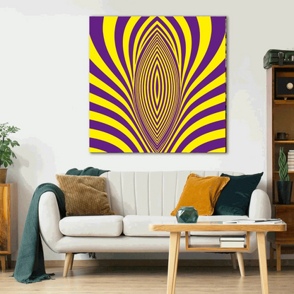 Living room with a white sofa, coffee table, and a vibrant purple and yellow abstract painting on the wall.