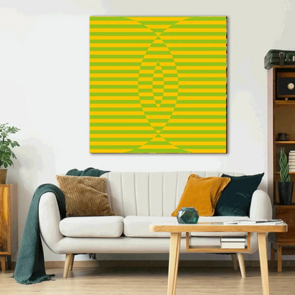 Living room with a white sofa, coffee table, and a large green and yellow abstract painting on the wall.