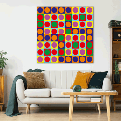 Colorful geometric patterned painting on a wall above a white sofa in a living room.