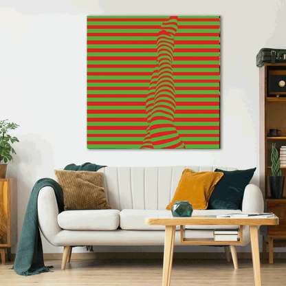 Living room with a white sofa, coffee table, and a large abstract painting with green and red stripes on the wall.