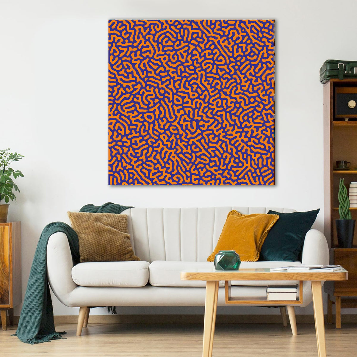 Optical illusion line art with orange flowing patterns on deep blue background creating hypnotic visual effect