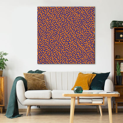 Optical illusion line art with orange flowing patterns on deep blue background creating hypnotic visual effect