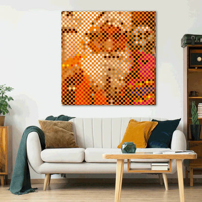 Colorful abstract wall art above a white sofa in a living room.