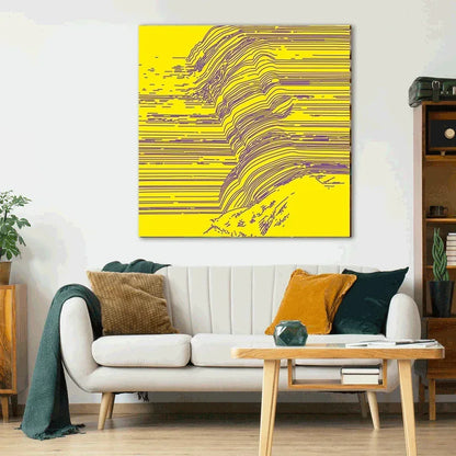 Living room with a white sofa, colorful pillows, and a large abstract painting on the wall.