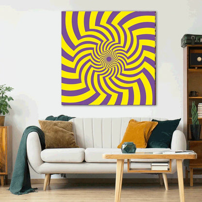 Living room with a white sofa, coffee table, and a large purple and yellow spiral artwork on the wall.