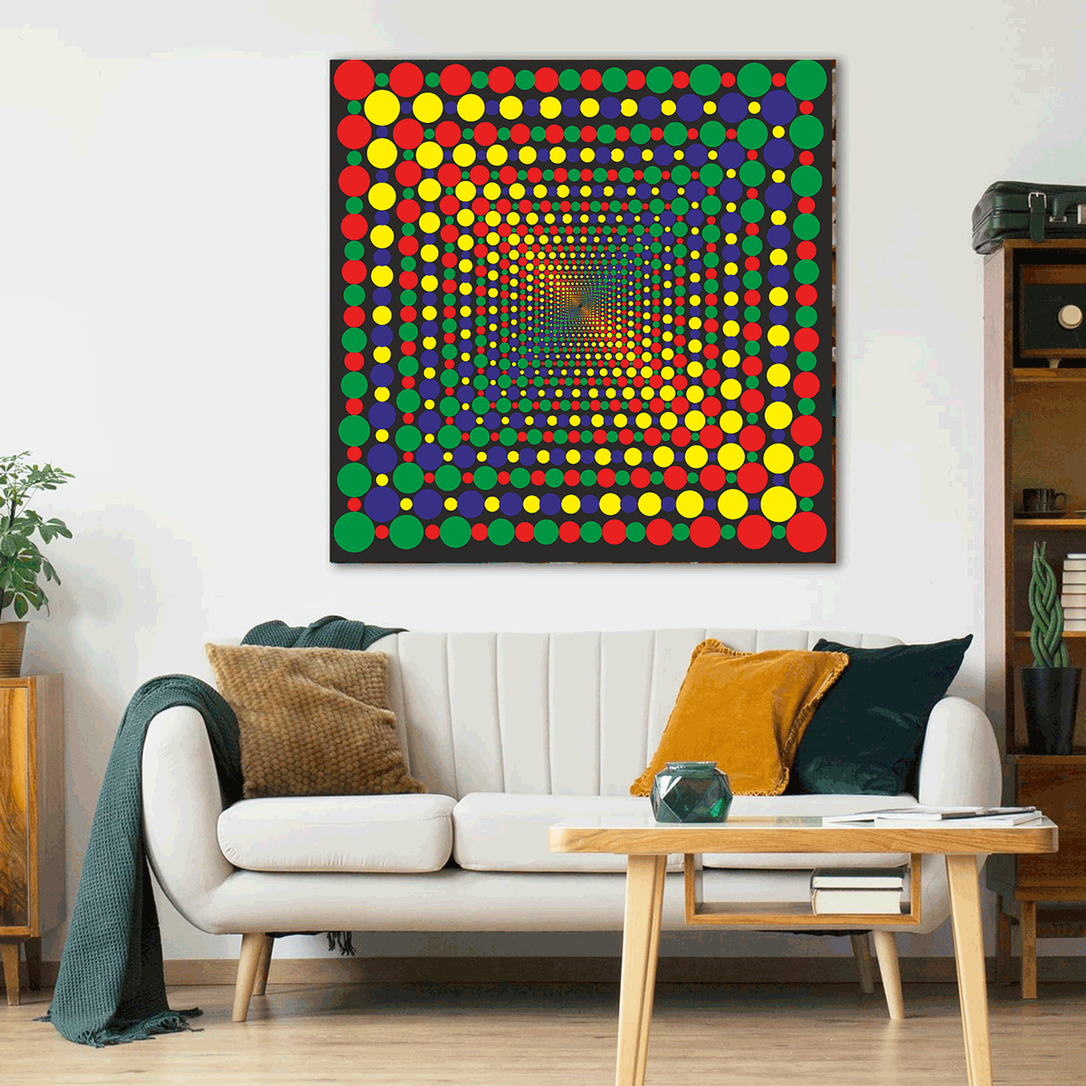 Living room with a colorful abstract art piece on the wall above a white sofa.