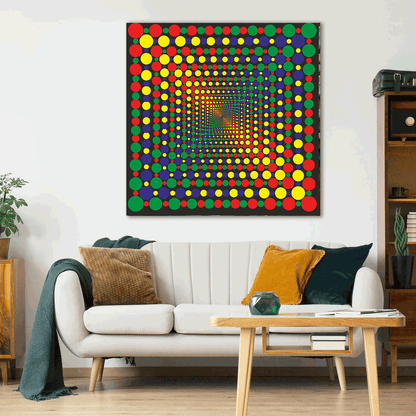 Living room with a colorful abstract art piece on the wall above a white sofa.