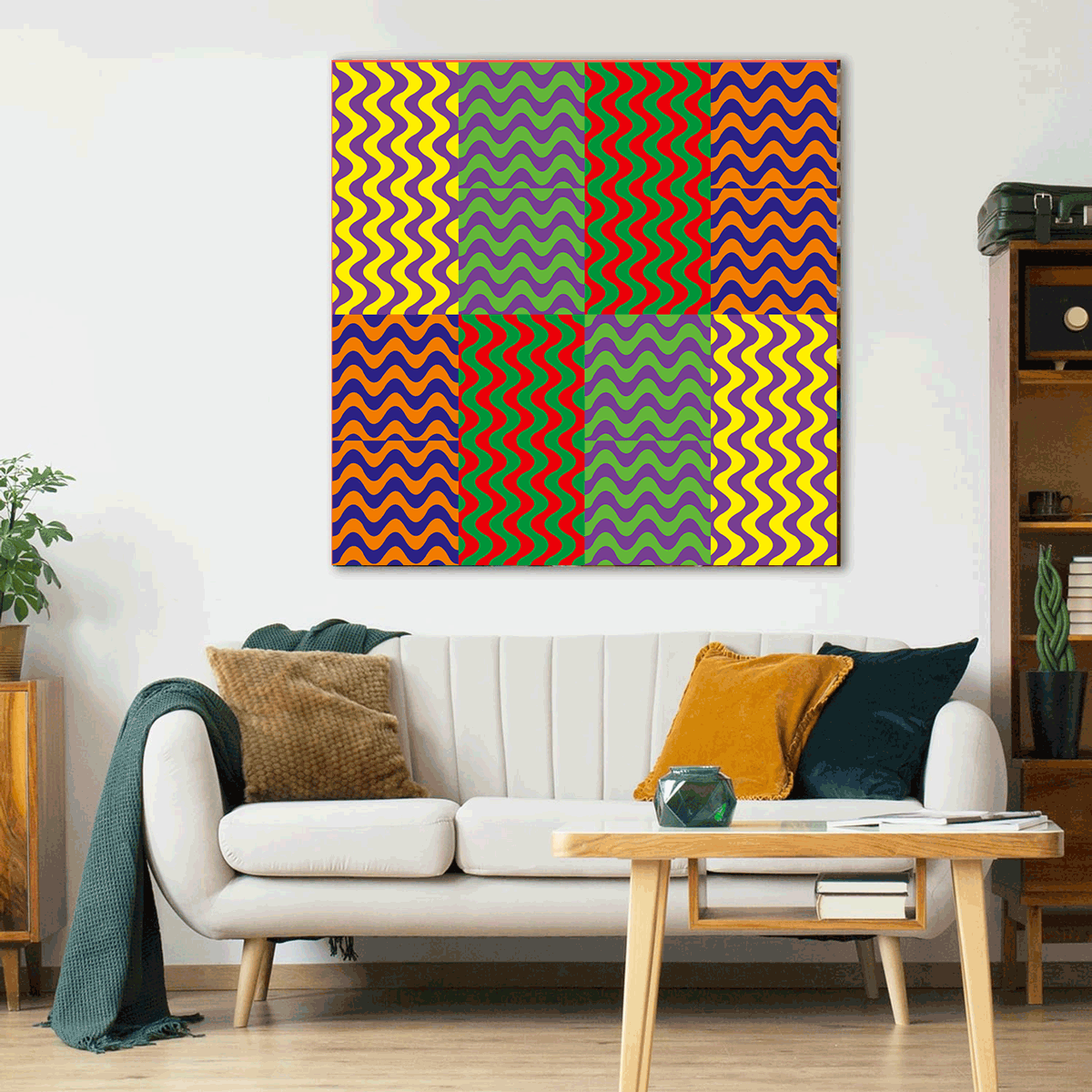 Colorful abstract wall art above a white sofa in a living room.
