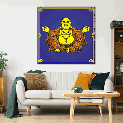 Framed artwork of a laughing Buddha on a wall above a white sofa in a living room.