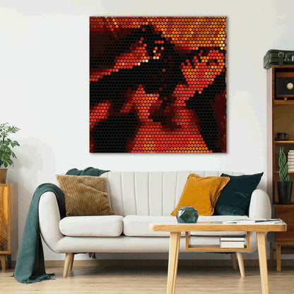 Sofa in a living room with a large abstract painting on the wall.