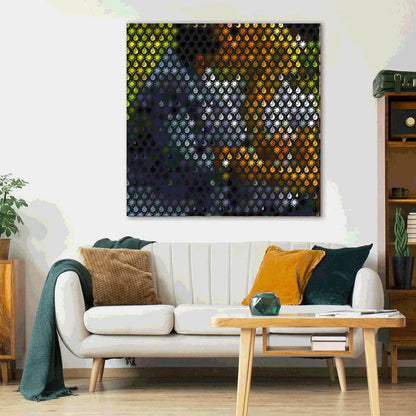 Living room with a white sofa, colorful cushions, and a large abstract painting on the wall.