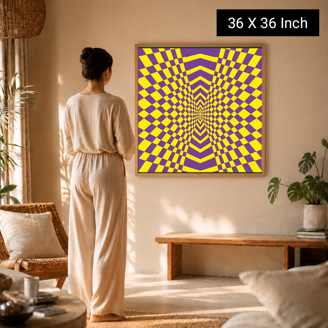 Vortex Grid – Geometric Optical Illusion Yellow & Purple Framed Fine Art Print
