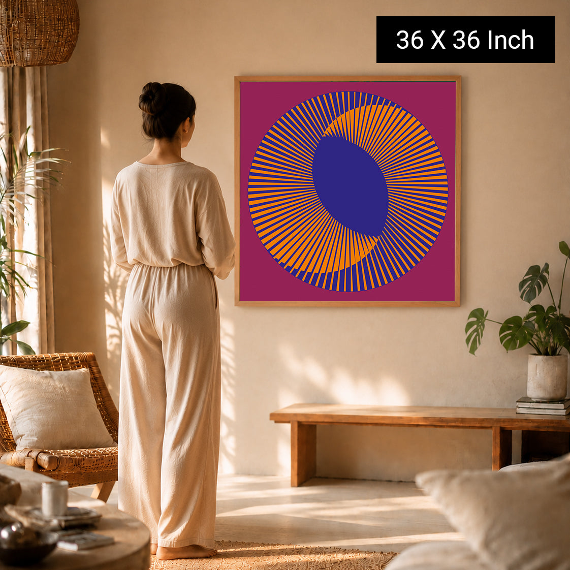 A woman in a beige outfit stands beside a vibrant 36x36 inch mandala art piece featuring bold colors and geometric patterns, 