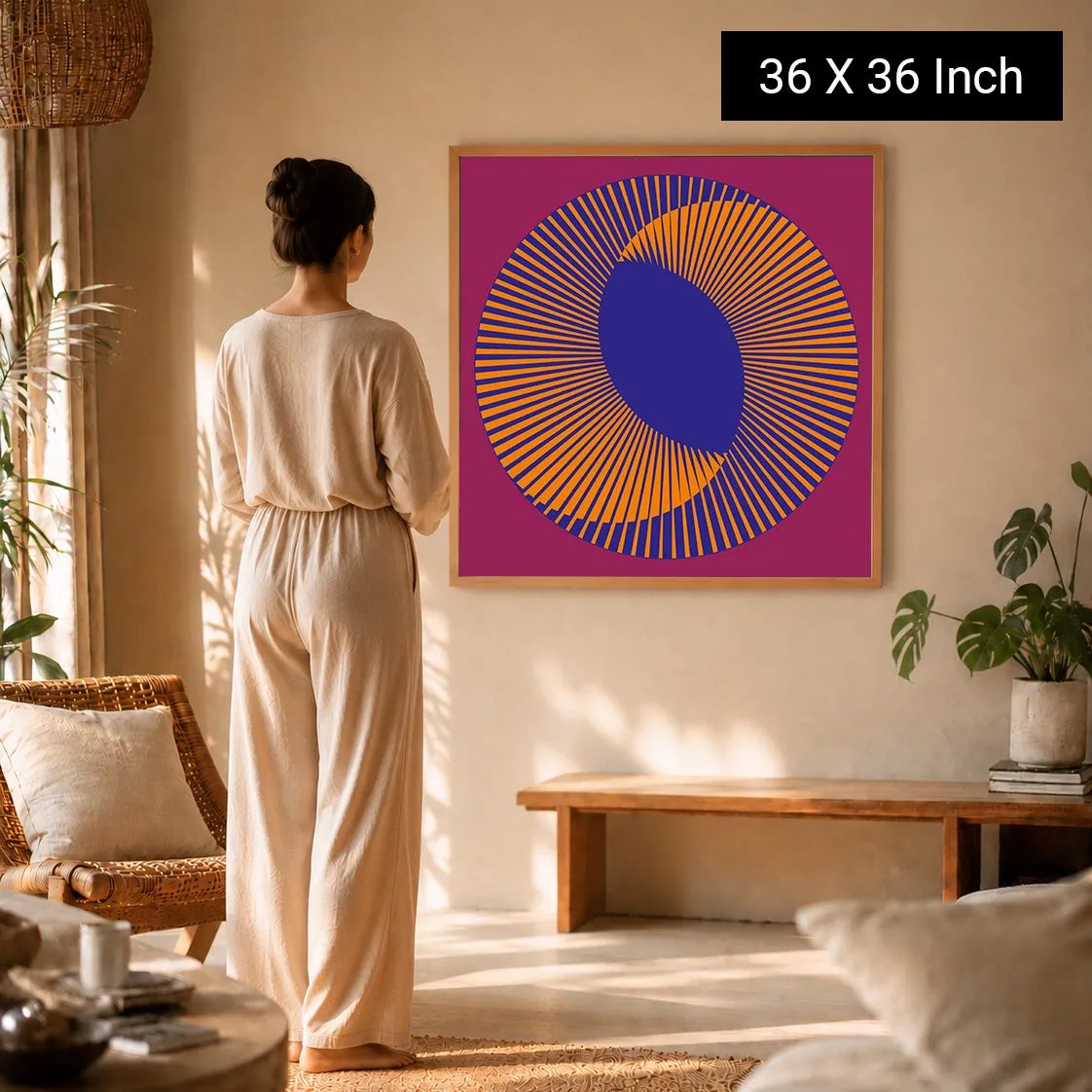 A woman in a beige outfit stands beside a vibrant 36x36 inch mandala art piece featuring bold colors and geometric patterns, 
