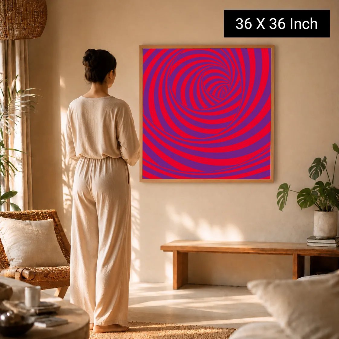 Zen Wall Art – Sacred Geometry Print features a vibrant spiral design in pink and red, displayed in a serene therapy space.