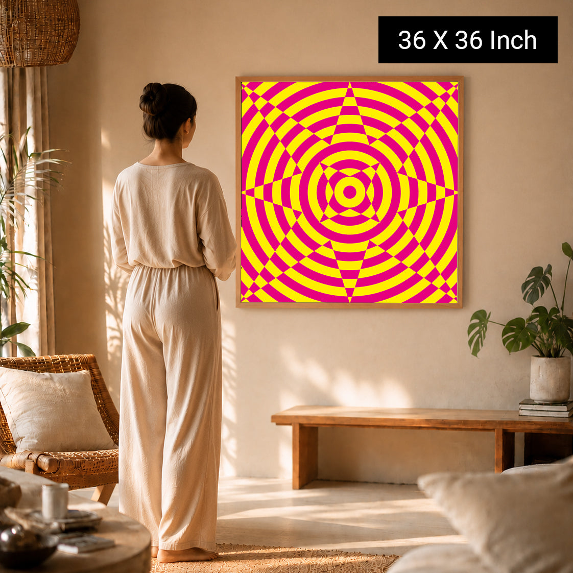 Meditation Wall Art by Ilu Art Therapy features a vibrant geometric print in pink and yellow, promoting stress relief and foc
