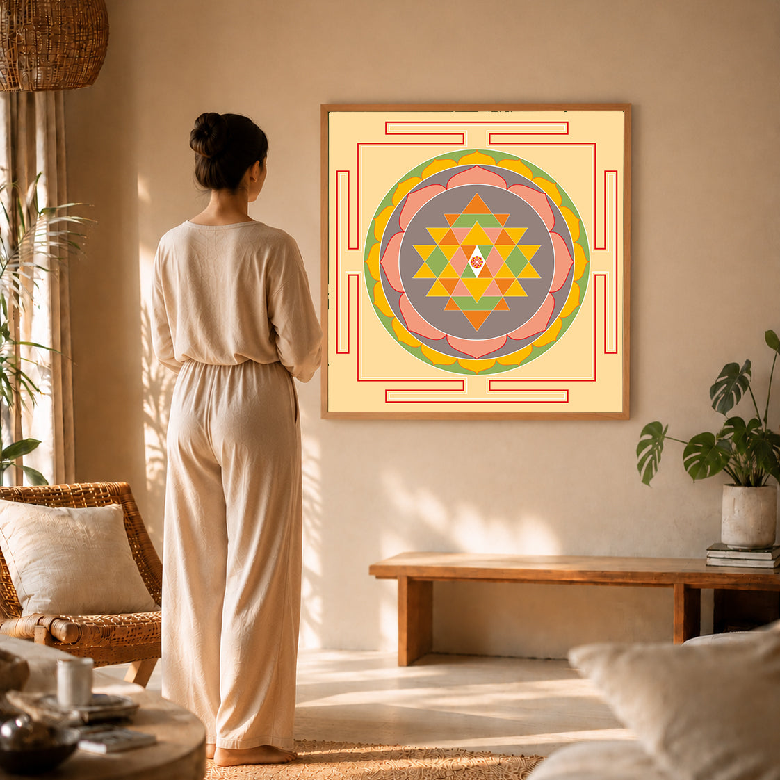 Sacred Geometry + Shri Yantra Dot Art wall art by Ilu Art Therapy, displayed in a serene wellness space with a person admirin