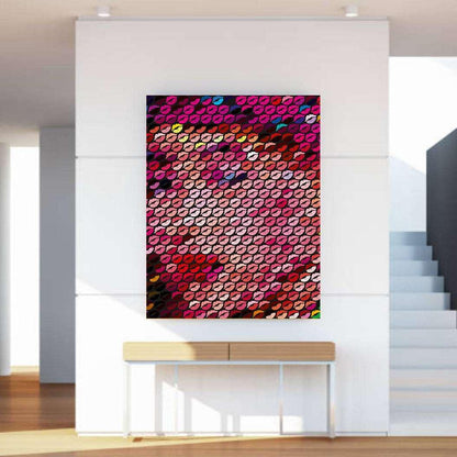 Colorful abstract patterned painting on a white wall above a wooden console table.