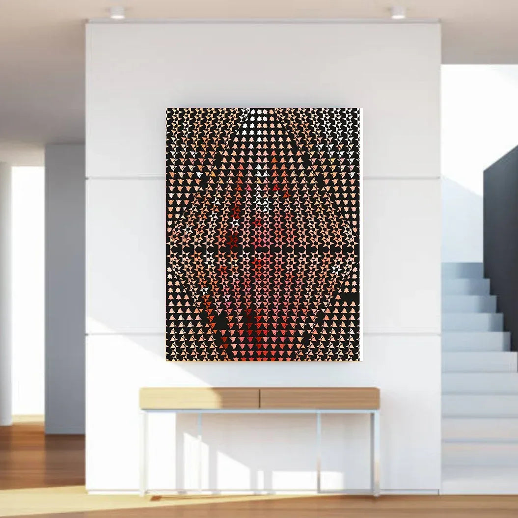 Abstract art piece on a white wall with a modern interior setting