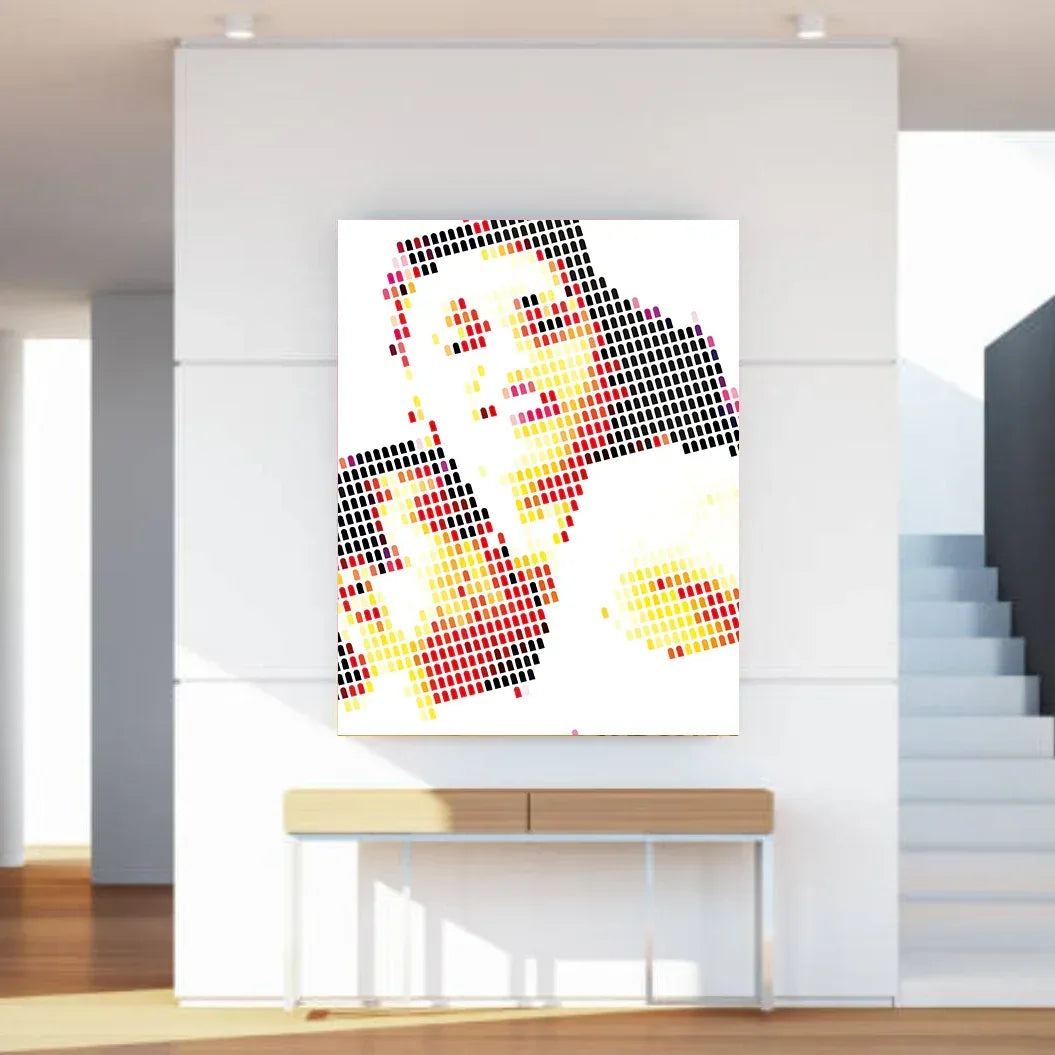 Modern interior with a colorful abstract painting on a white wall.