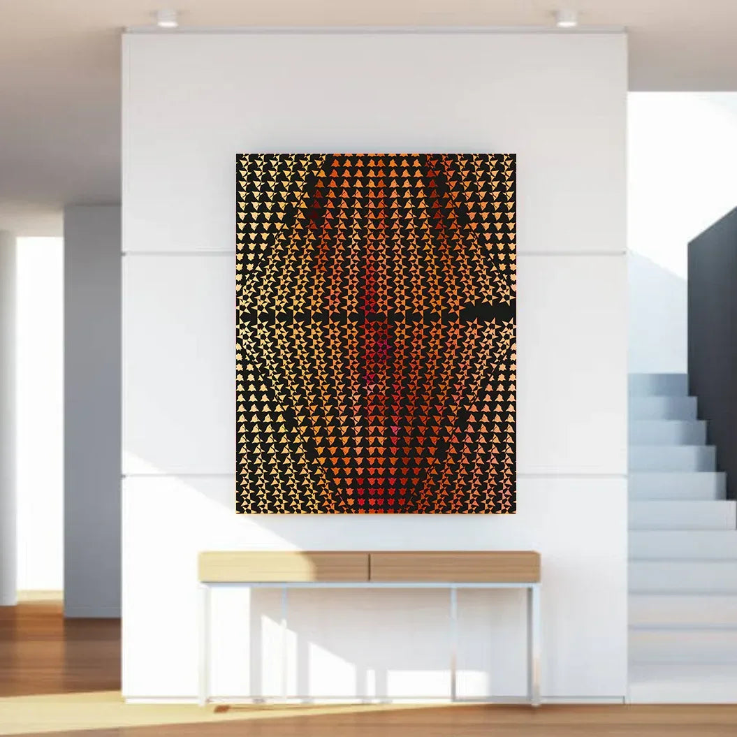 Abstract art piece on a white wall in a modern interior setting