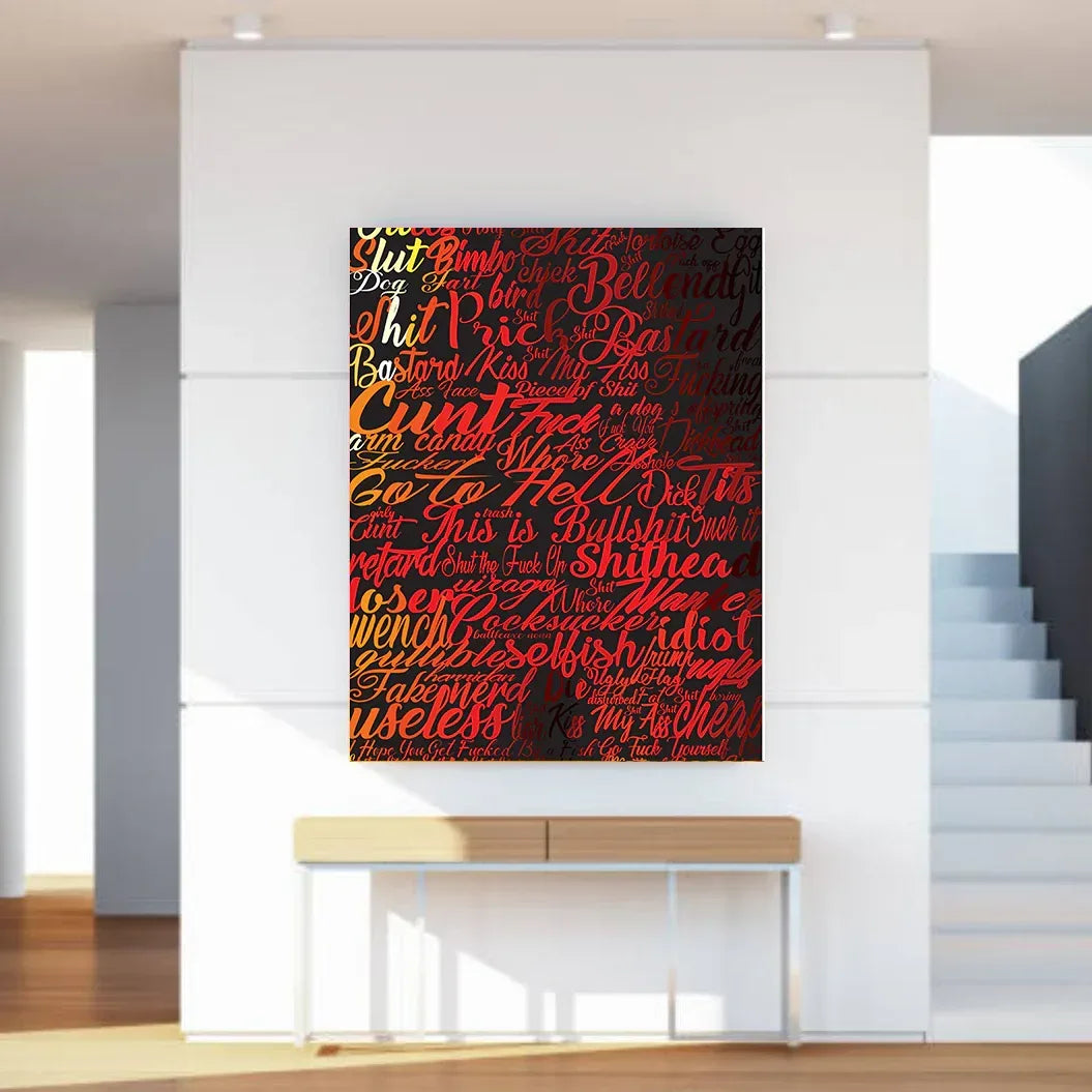 Modern interior with a large abstract artwork featuring colorful text on a white wall.