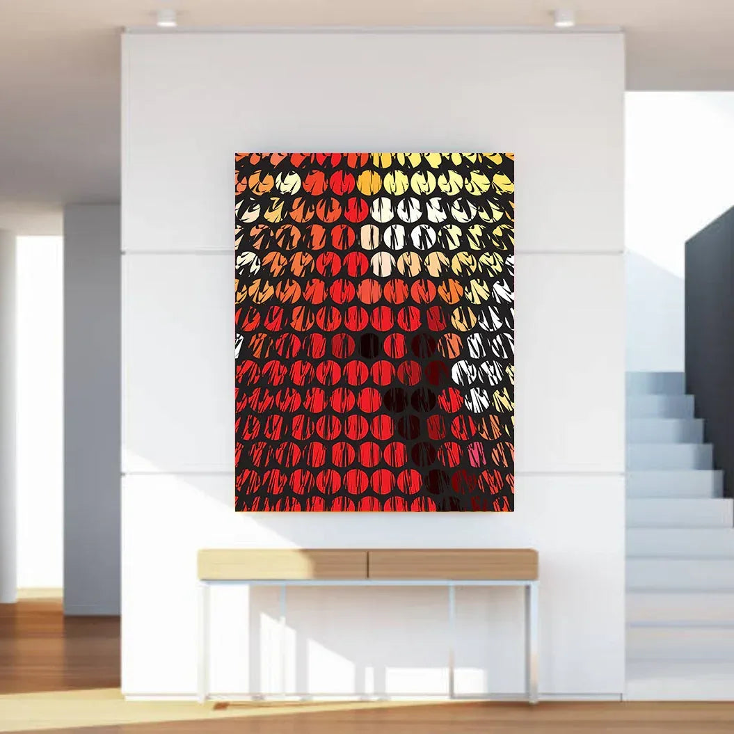 Abstract patterned wall art on a white wall in a modern interior setting.