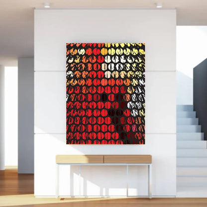 Abstract patterned wall art on a white wall in a modern interior setting.