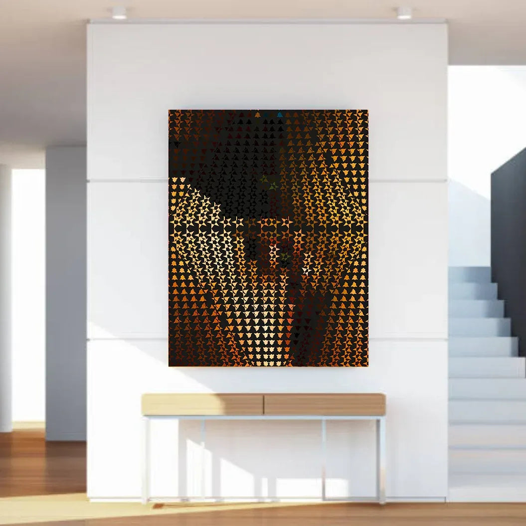 Modern interior with a geometric abstract painting on a white wall.