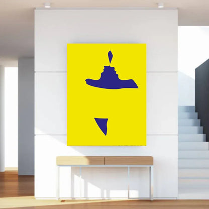 Abstract art piece with blue shapes on a yellow background in a modern interior setting.