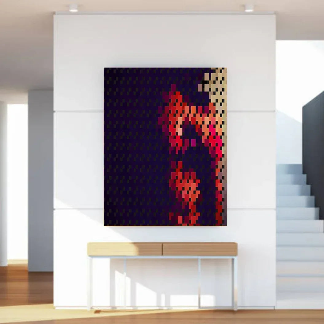 Modern interior with a colorful abstract painting on a white wall.