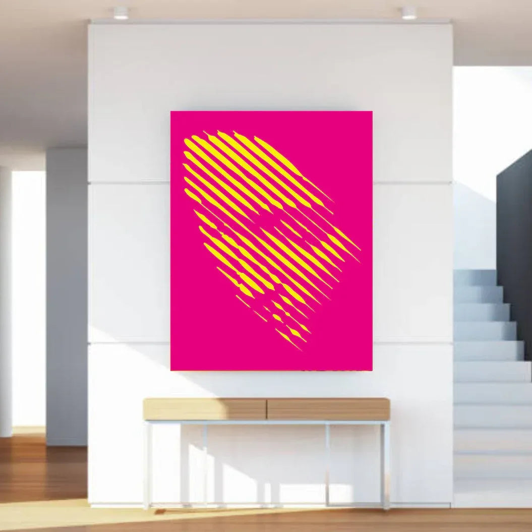 Modern interior with a pink and yellow abstract art piece on a white wall.